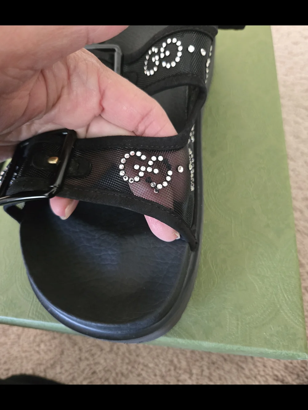Gucci Womens Black Crystal-Embellished Logo Sandals